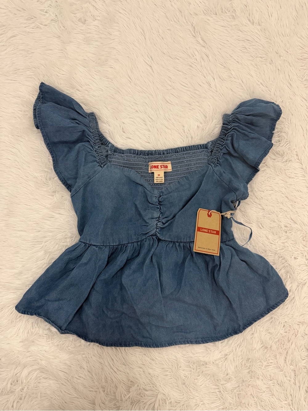 Lone Star Blue Denim Ruffled Short-Sleeve Peplum Top
